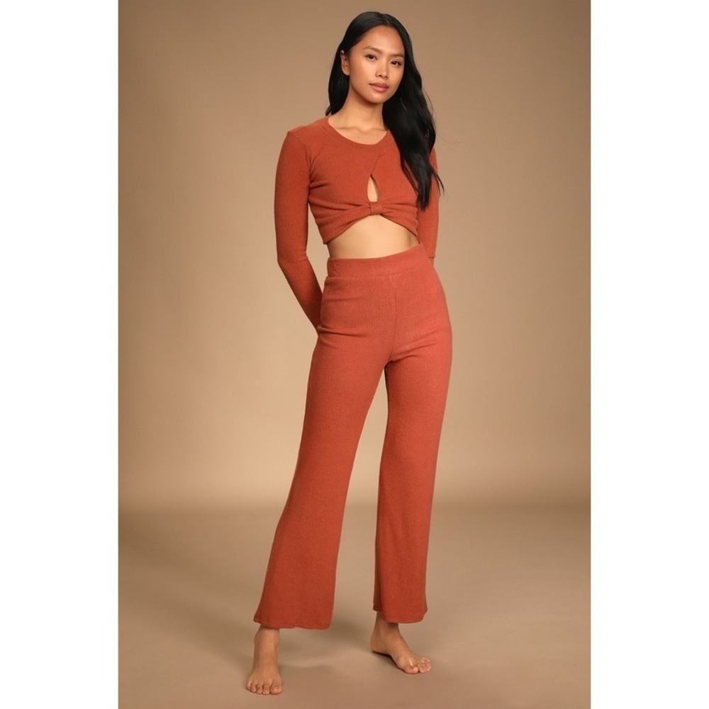 NWT Lulus Rust Orange Ribbed Knit Wide-leg Lounge Pants & Crop Top- Size M